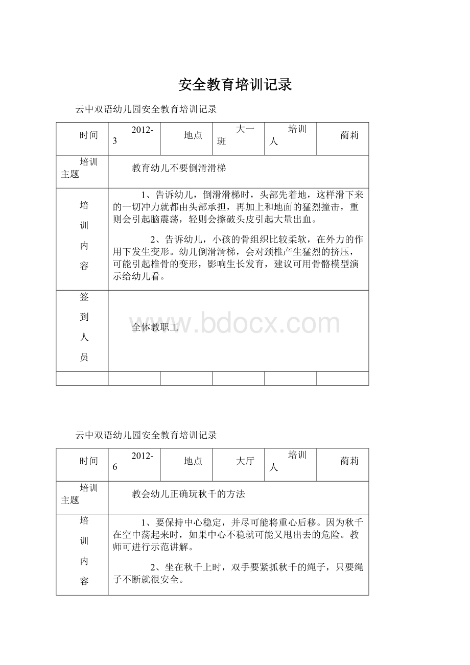 安全教育培训记录Word文件下载.docx