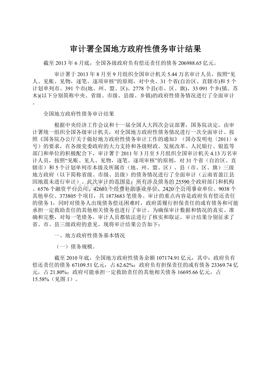 审计署全国地方政府性债务审计结果Word下载.docx