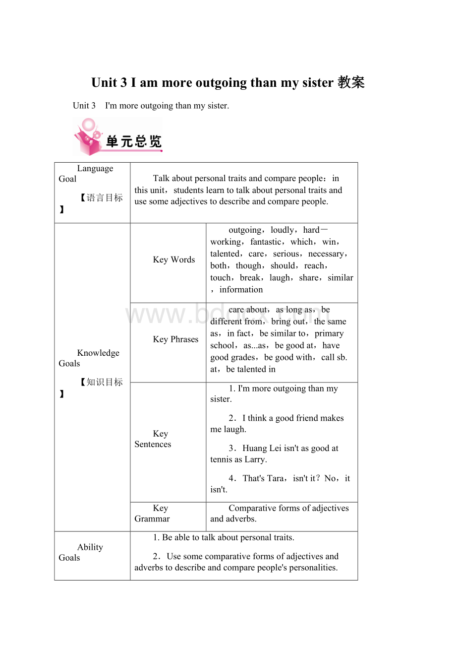 Unit 3 I am more outgoing than my sister 教案Word文档格式.docx
