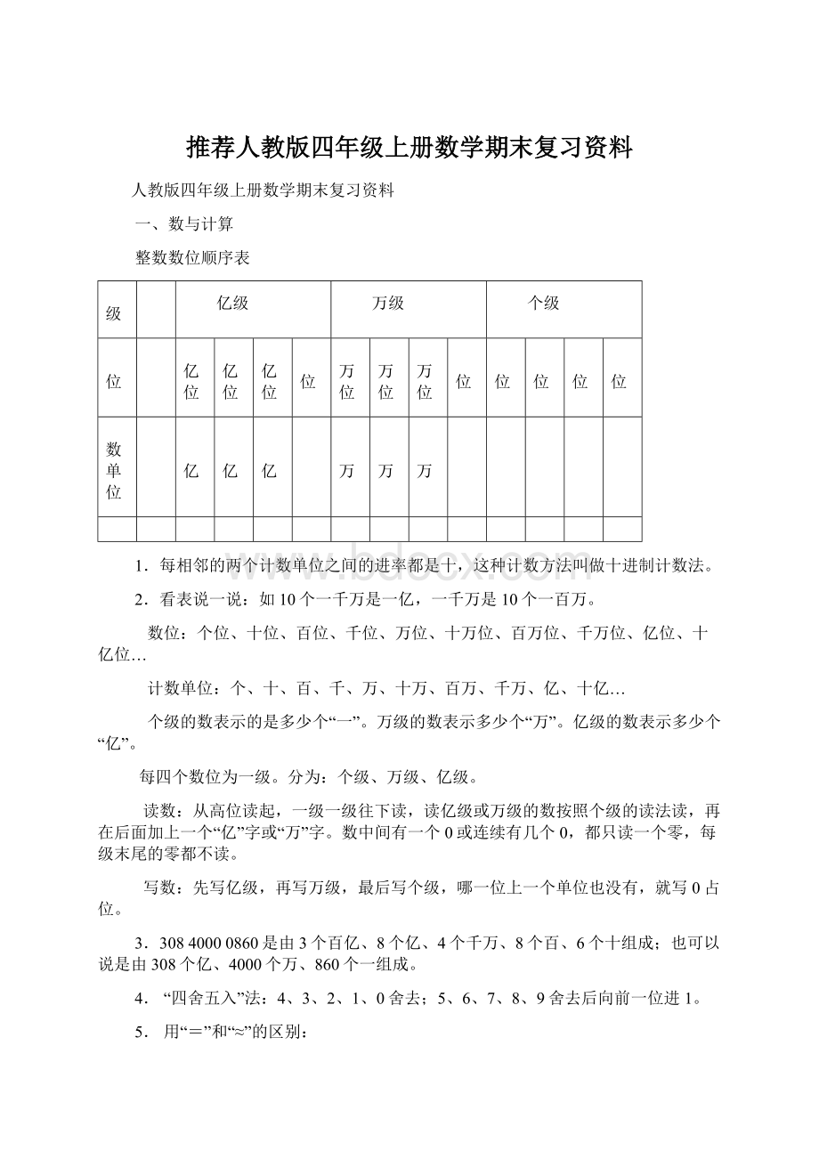 推荐人教版四年级上册数学期末复习资料.docx_第1页