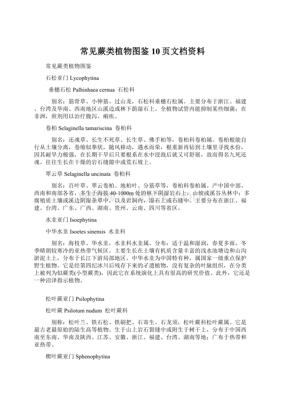 常见蕨类植物图鉴10页文档资料Word文档格式.docx_第1页