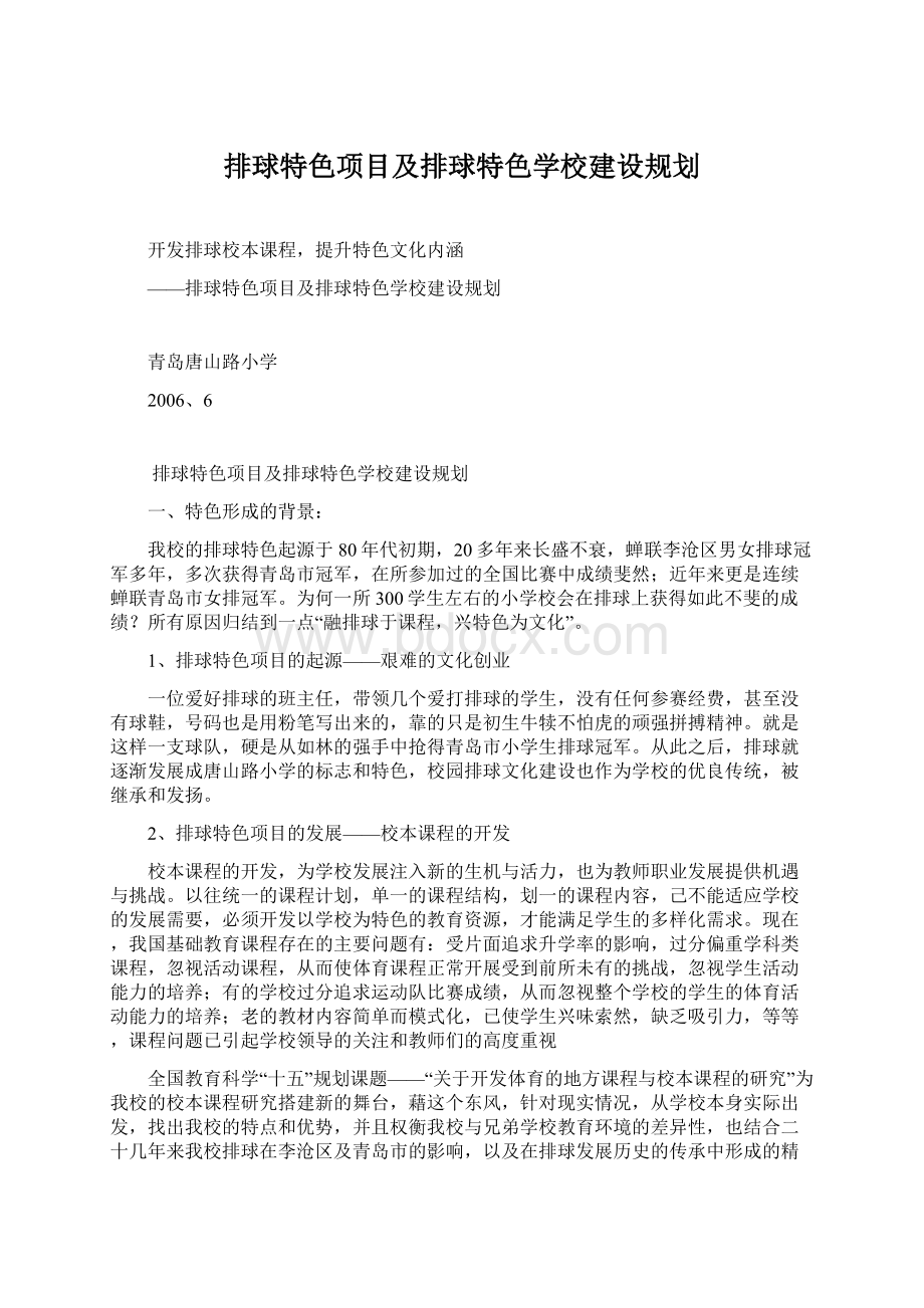 排球特色项目及排球特色学校建设规划.docx