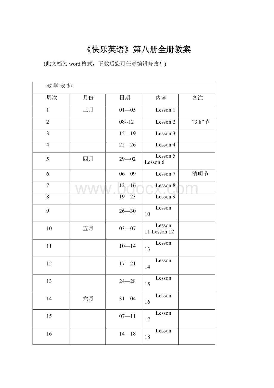 《快乐英语》第八册全册教案.docx_第1页