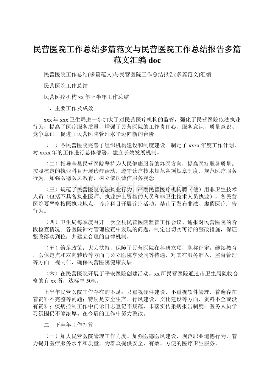 民营医院工作总结多篇范文与民营医院工作总结报告多篇范文汇编docWord下载.docx_第1页