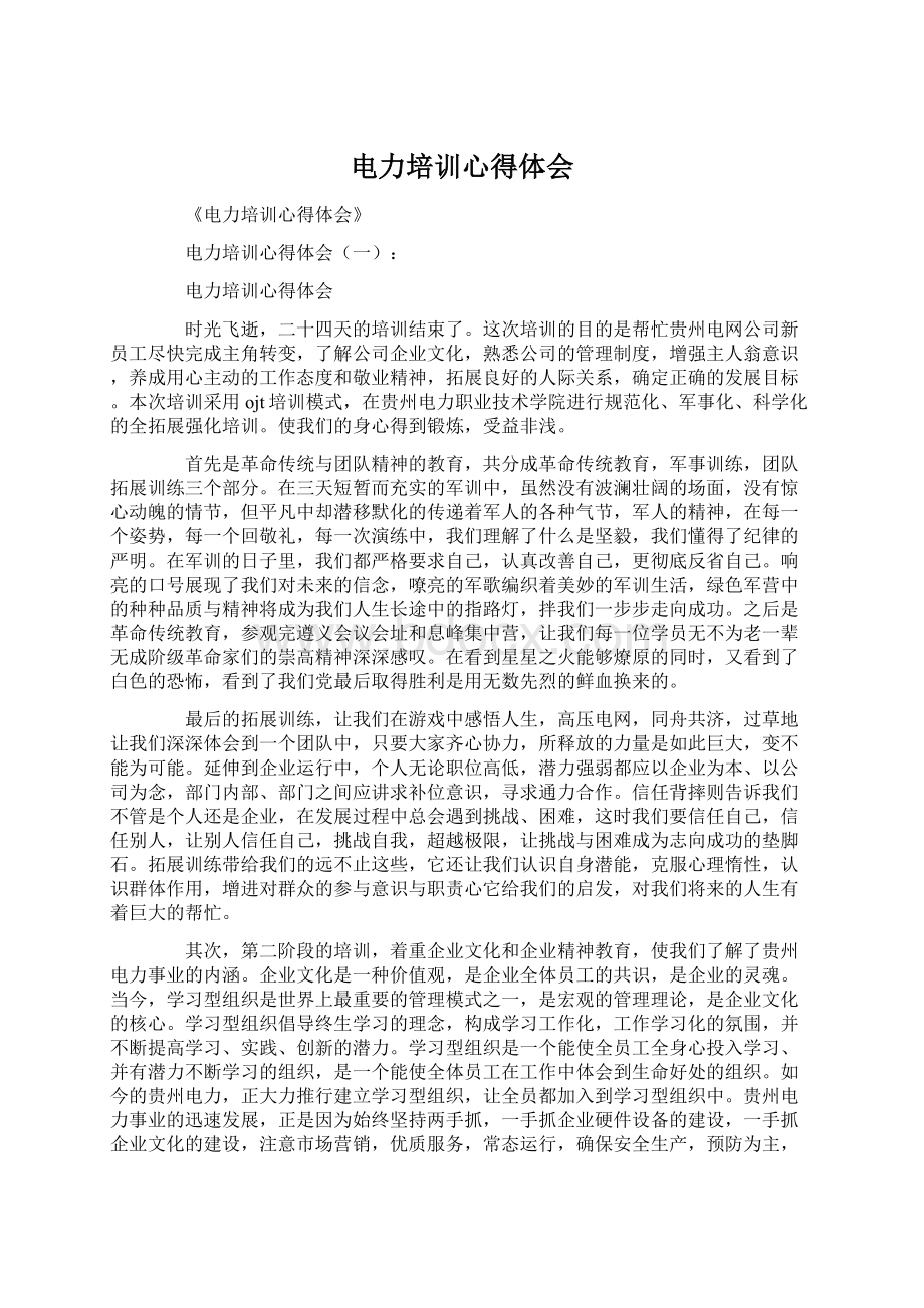 电力培训心得体会Word格式文档下载.docx