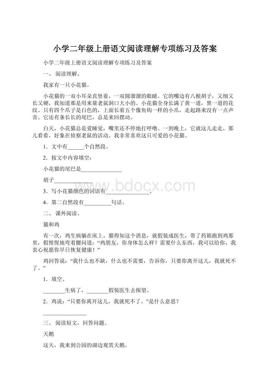 小学二年级上册语文阅读理解专项练习及答案.docx_第1页