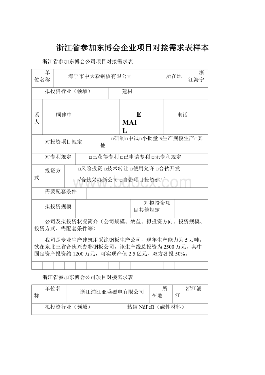 浙江省参加东博会企业项目对接需求表样本.docx_第1页