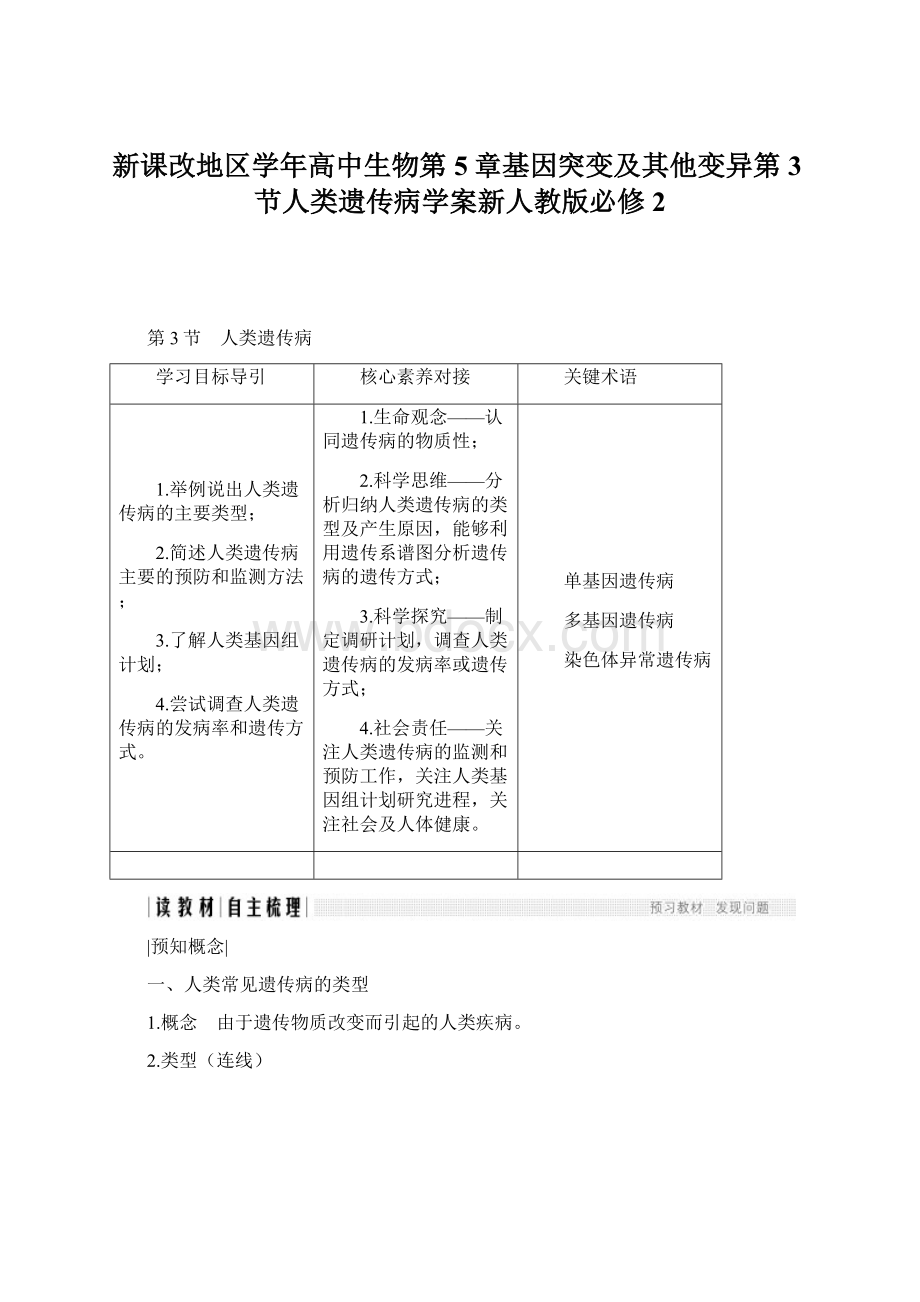 新课改地区学年高中生物第5章基因突变及其他变异第3节人类遗传病学案新人教版必修2.docx