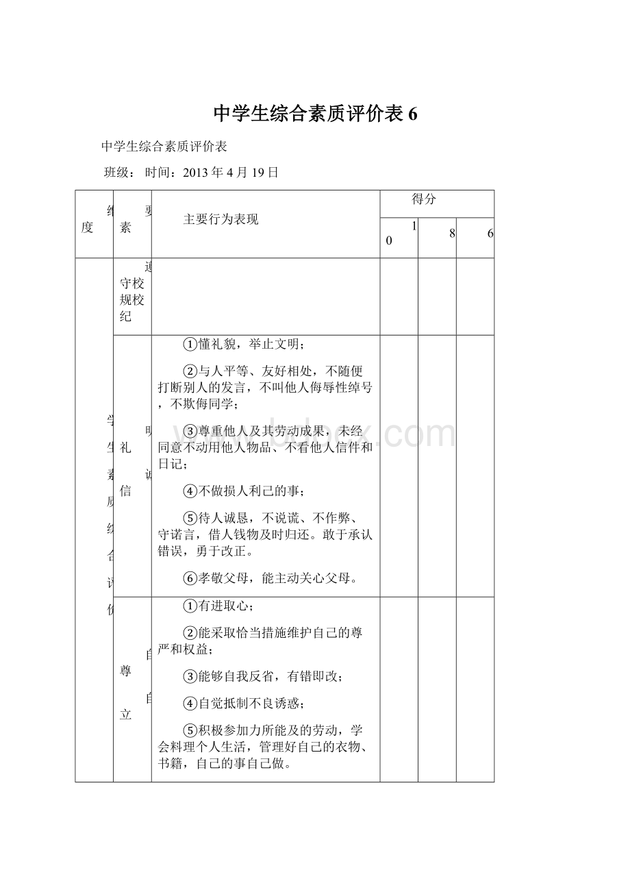 中学生综合素质评价表6.docx_第1页