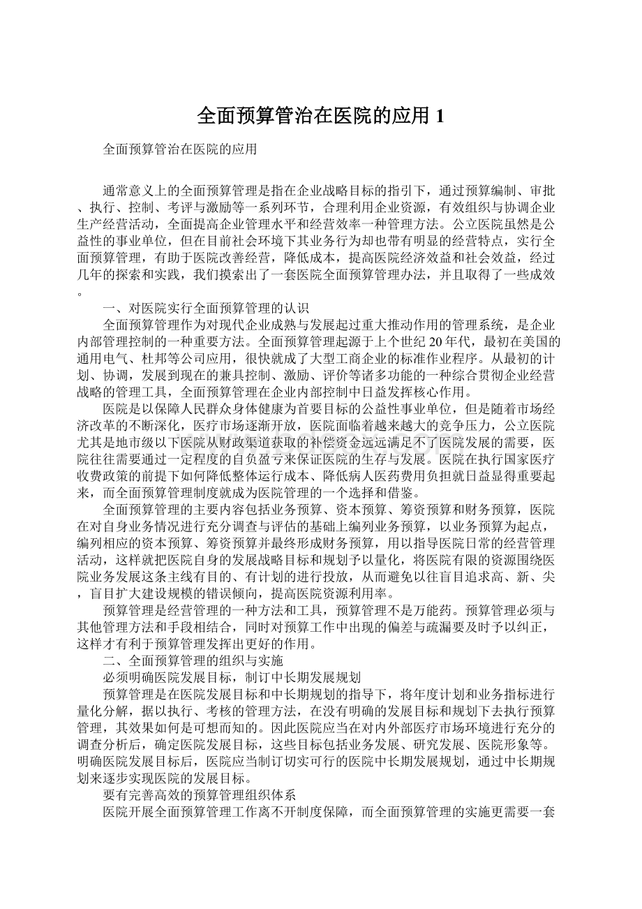 全面预算管治在医院的应用1Word格式.docx