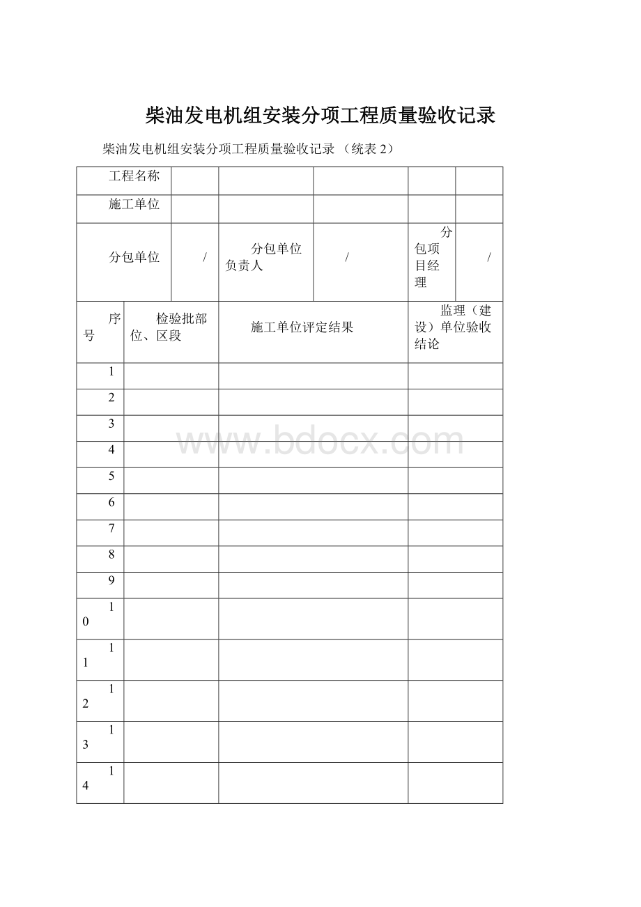 柴油发电机组安装分项工程质量验收记录Word文档格式.docx