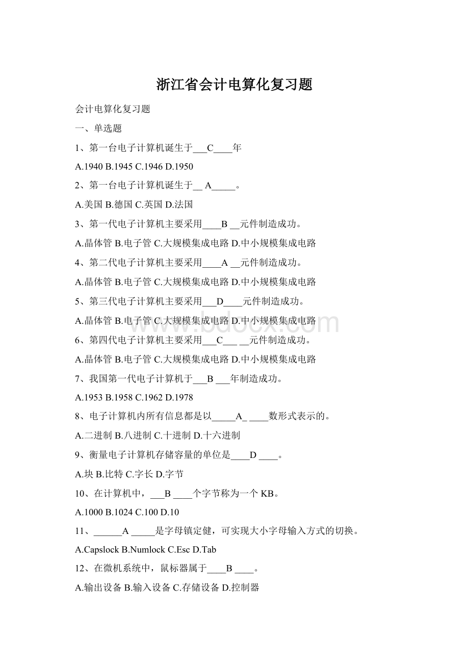 浙江省会计电算化复习题Word格式.docx