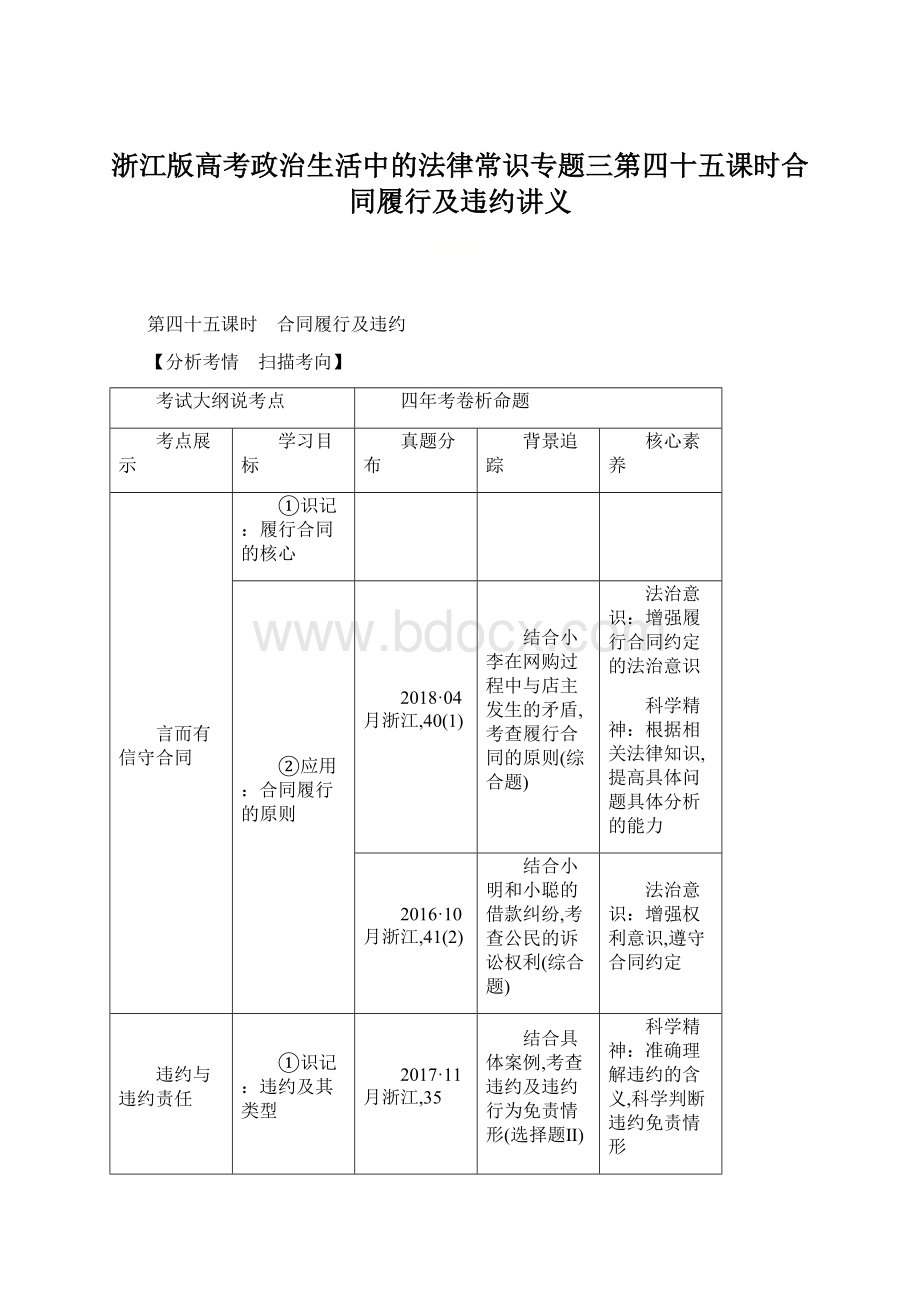 浙江版高考政治生活中的法律常识专题三第四十五课时合同履行及违约讲义.docx_第1页