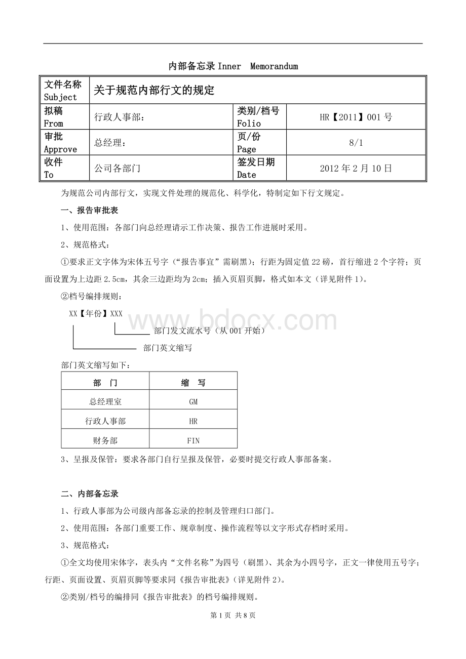 HR001关于规范内部行文的规定.docx