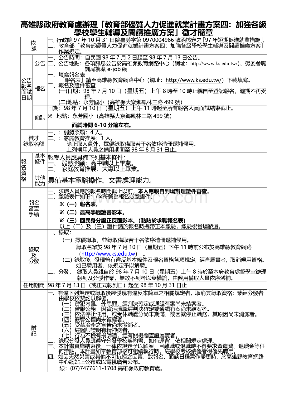 高雄县政府教育处办理教育部优质人力促进就业计画方....docx