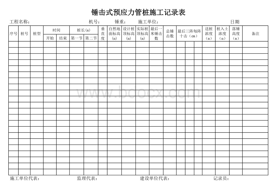 锤击式预应力管桩施工记录表.xls_第1页