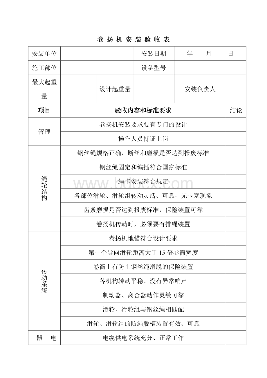 技能培训资料：卷扬机验收表格.doc