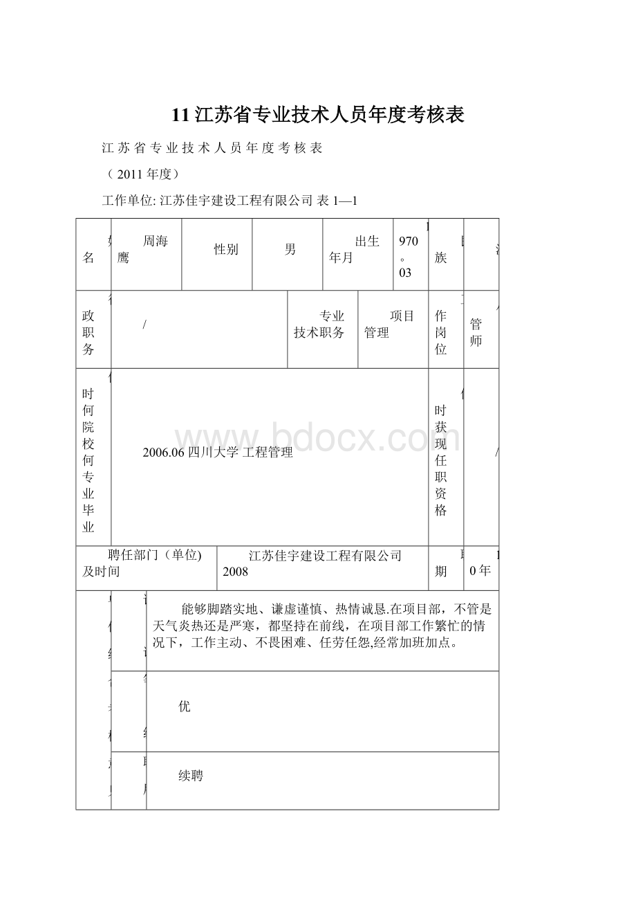 11江苏省专业技术人员年度考核表.docx_第1页