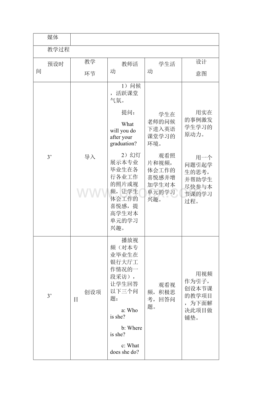 中职英语教材外研版基础模块第一册教学设计 Unit 2What Do You Do免费.docx_第3页