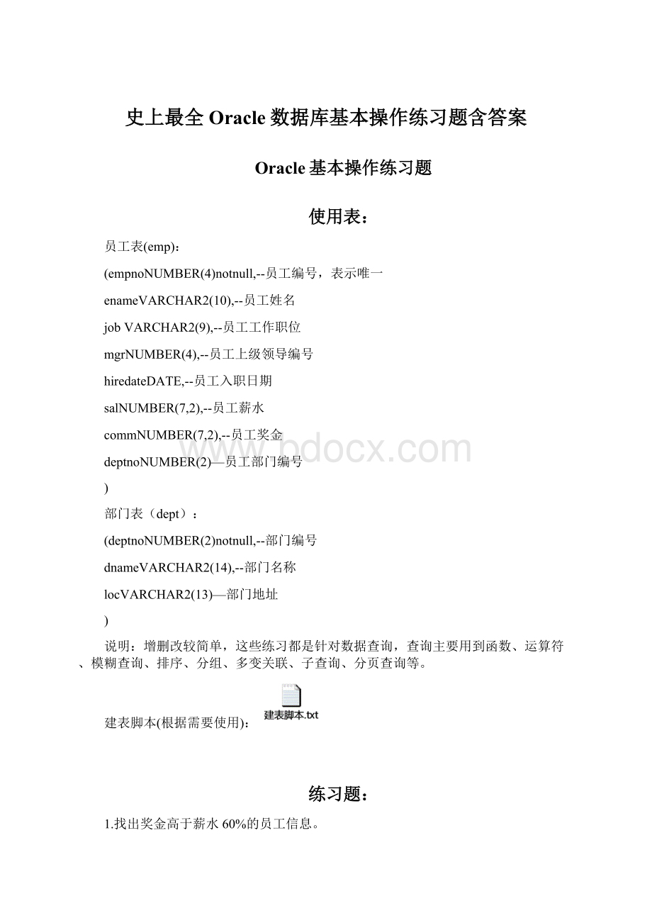 史上最全Oracle数据库基本操作练习题含答案Word文件下载.docx