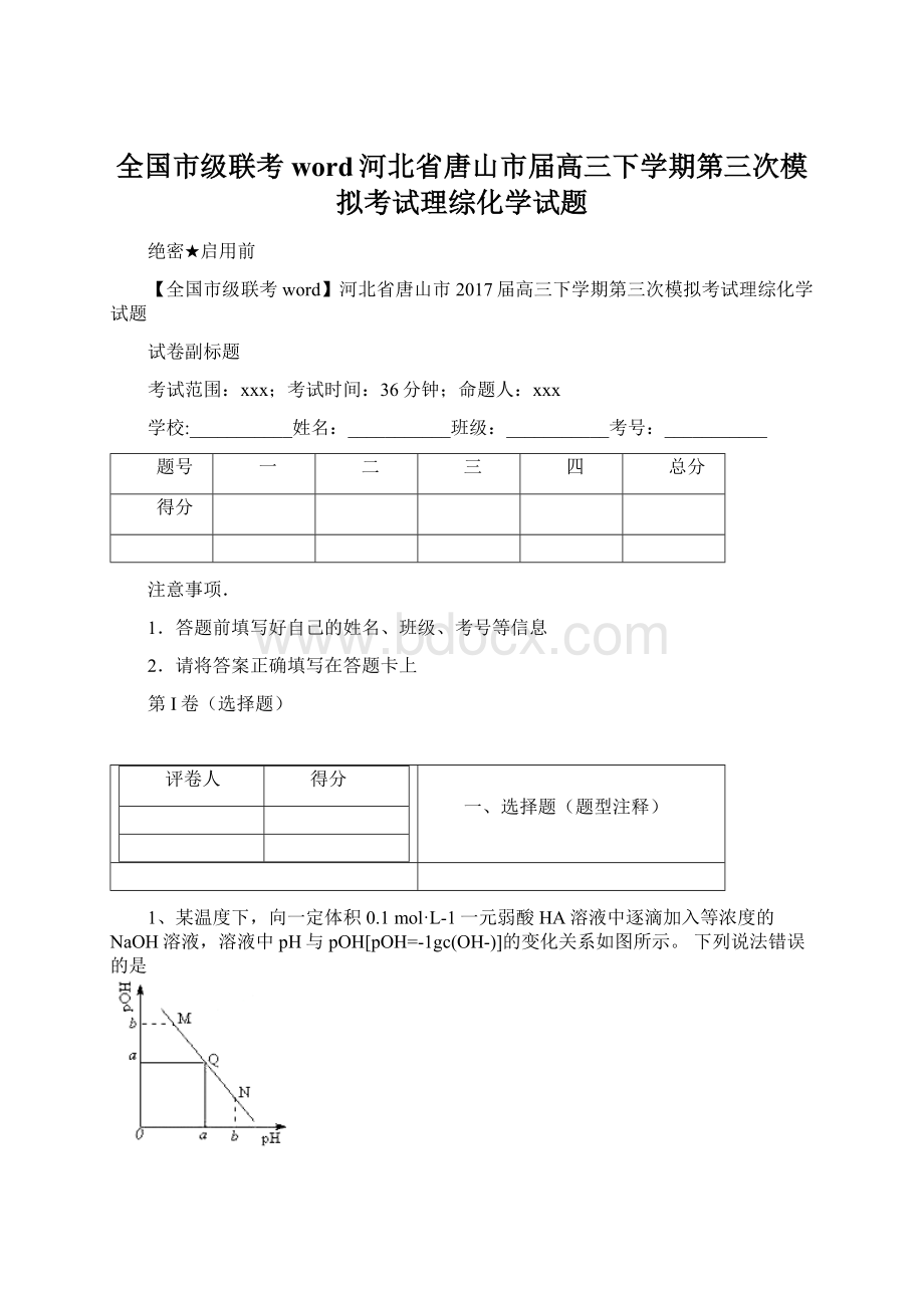 全国市级联考word河北省唐山市届高三下学期第三次模拟考试理综化学试题.docx_第1页