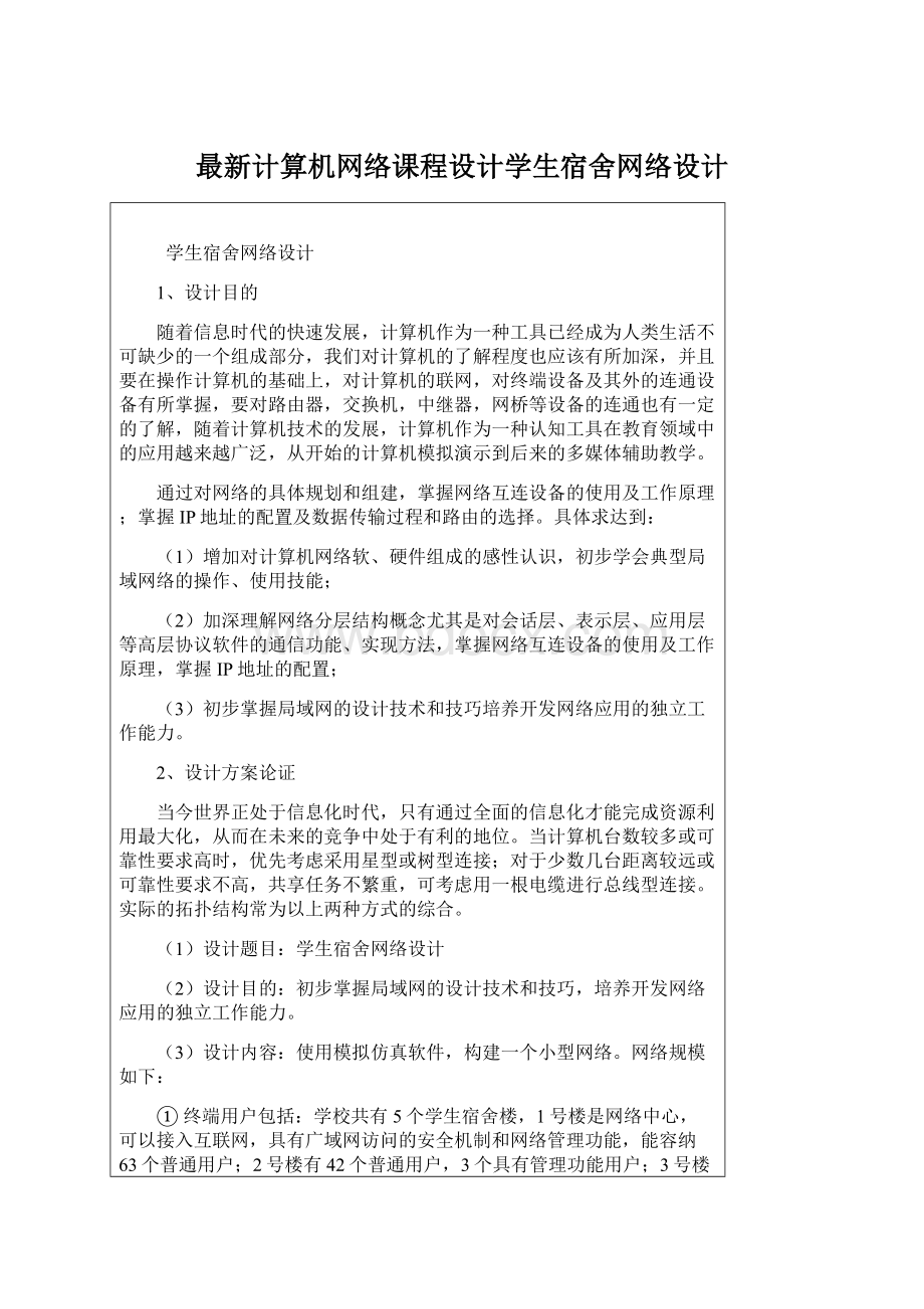 最新计算机网络课程设计学生宿舍网络设计.docx_第1页