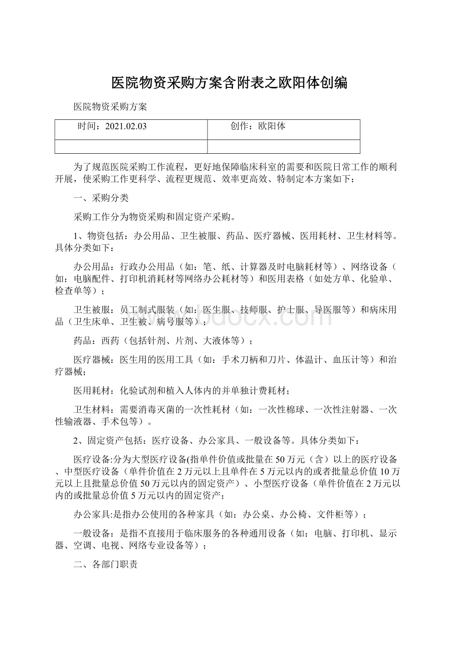 医院物资采购方案含附表之欧阳体创编.docx