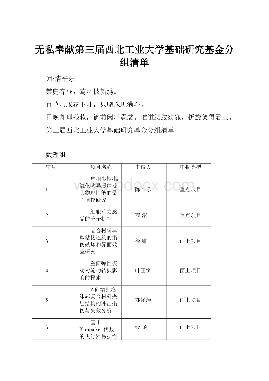 无私奉献第三届西北工业大学基础研究基金分组清单Word下载.docx