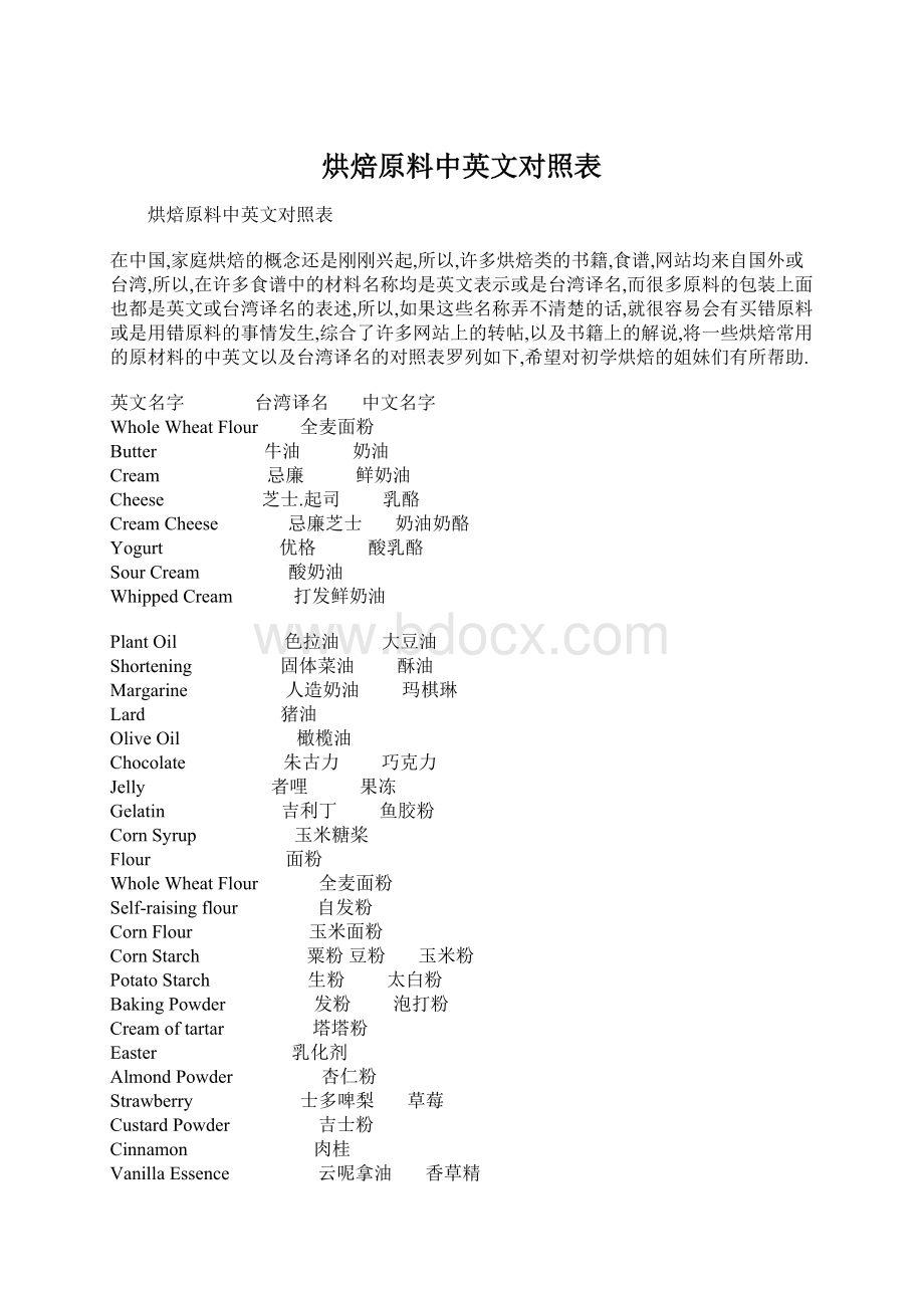 烘焙原料中英文对照表.docx