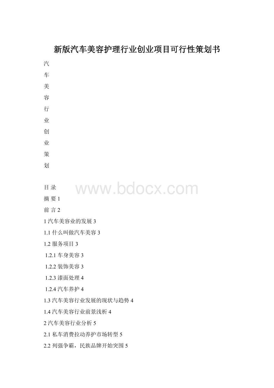 新版汽车美容护理行业创业项目可行性策划书Word格式文档下载.docx_第1页