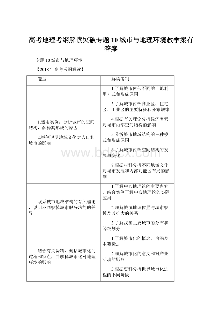 高考地理考纲解读突破专题10城市与地理环境教学案有答案Word下载.docx