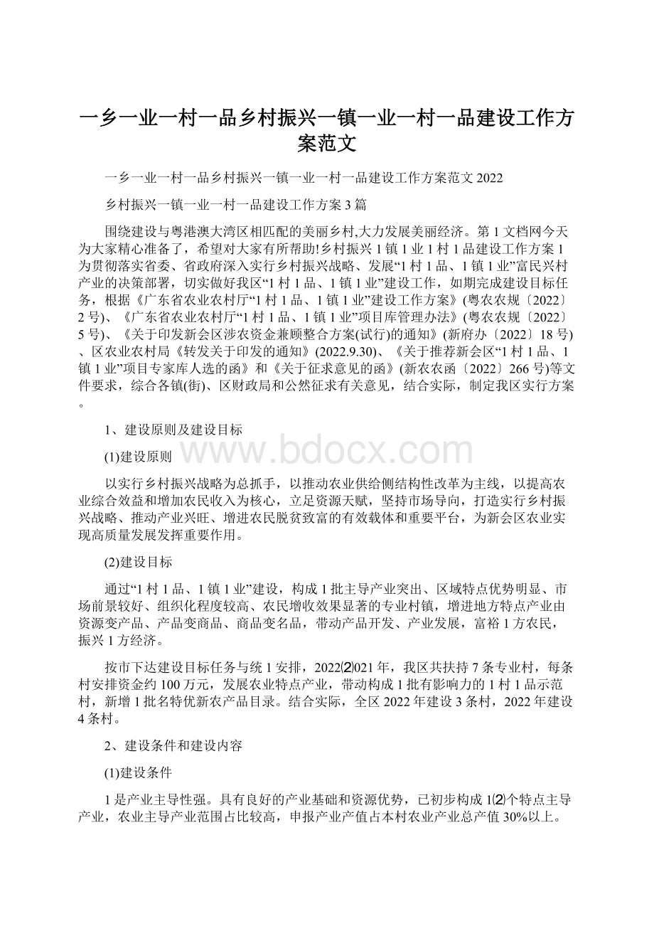 一乡一业一村一品乡村振兴一镇一业一村一品建设工作方案范文Word格式.docx