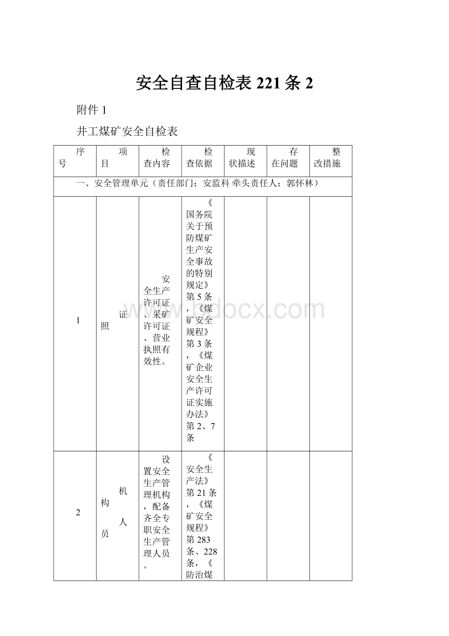 安全自查自检表221条 2Word格式.docx