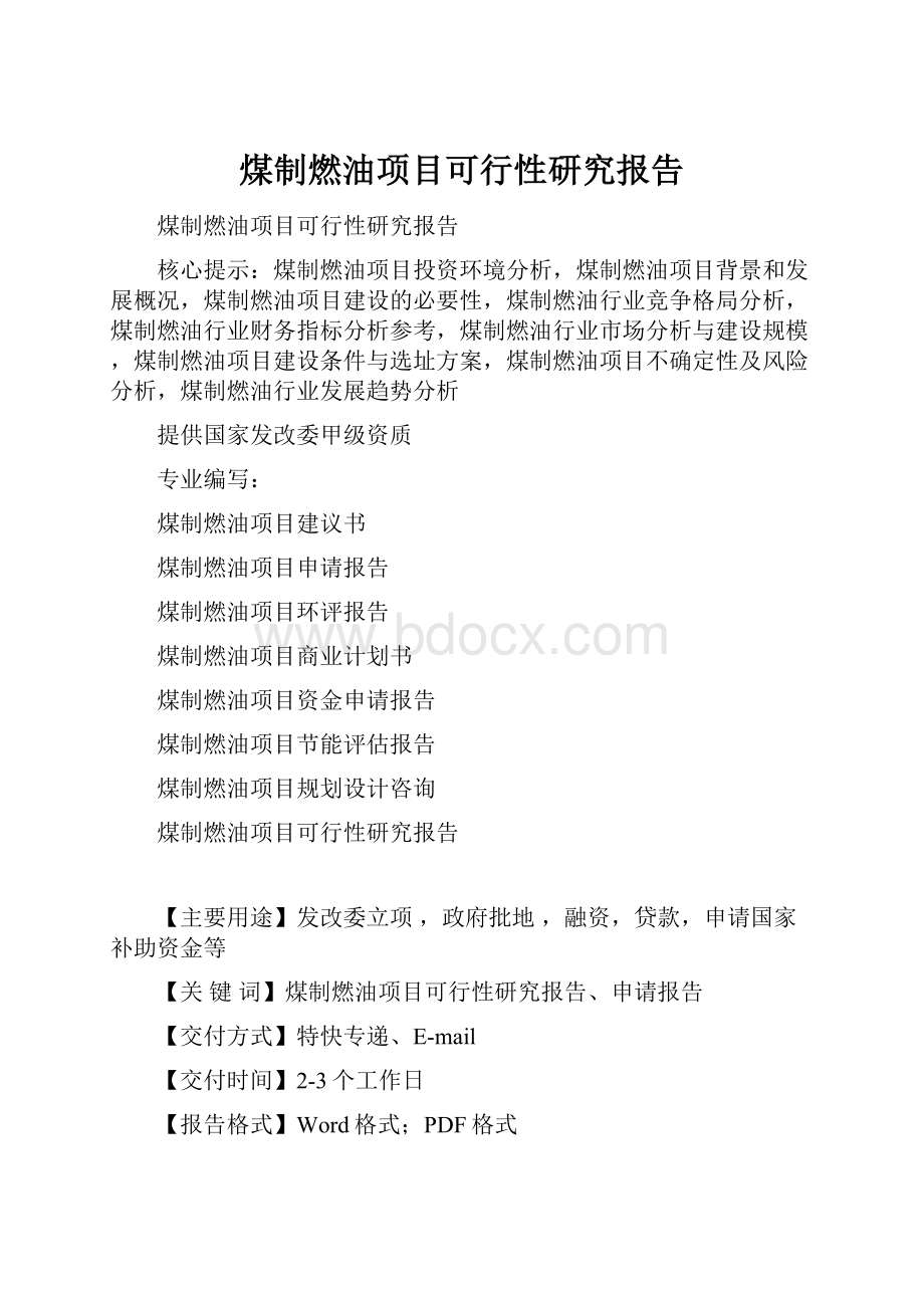 煤制燃油项目可行性研究报告Word格式文档下载.docx