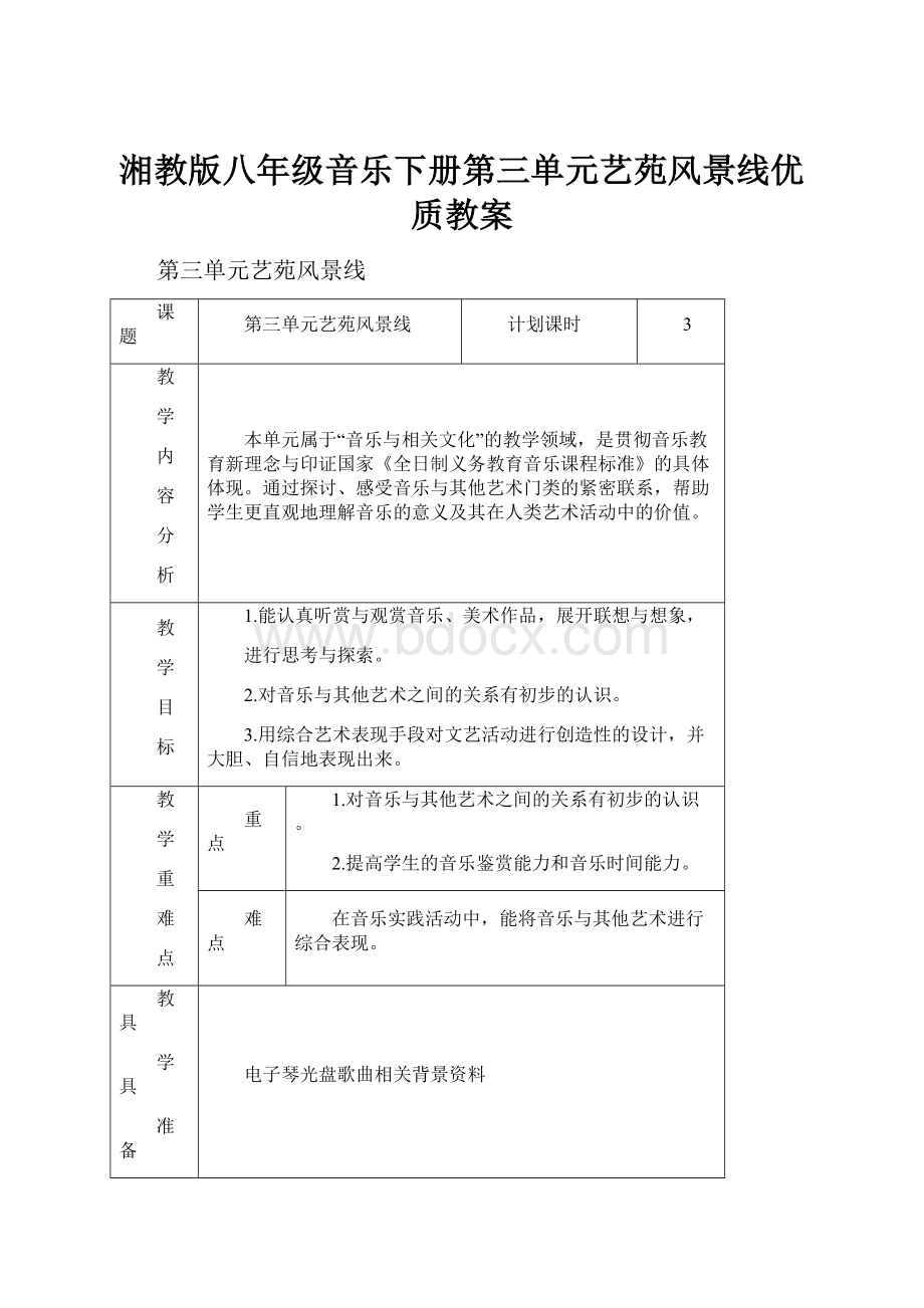 湘教版八年级音乐下册第三单元艺苑风景线优质教案.docx_第1页