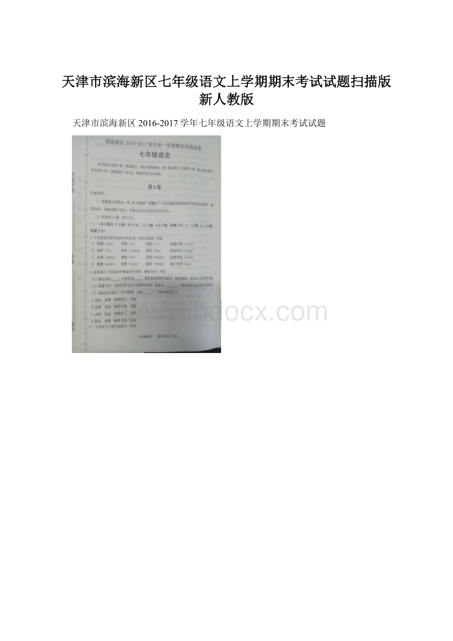 天津市滨海新区七年级语文上学期期末考试试题扫描版 新人教版Word文件下载.docx_第1页