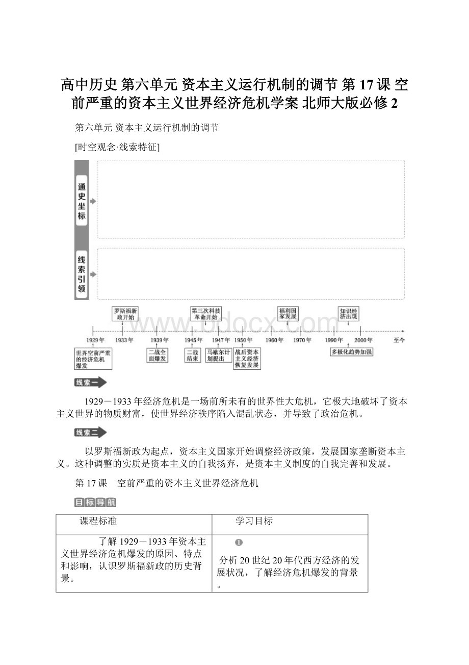 高中历史 第六单元 资本主义运行机制的调节 第17课 空前严重的资本主义世界经济危机学案 北师大版必修2.docx_第1页