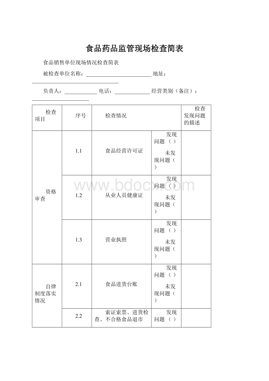 食品药品监管现场检查简表Word格式.docx