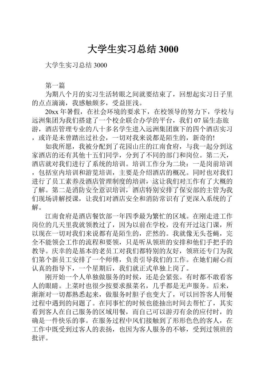 大学生实习总结3000Word文档下载推荐.docx