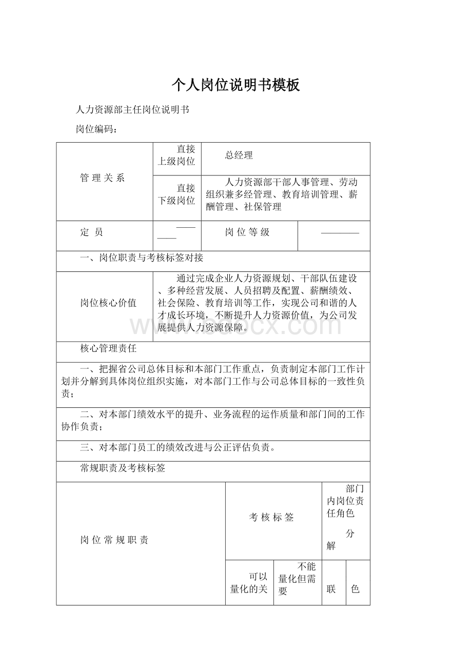 个人岗位说明书模板Word下载.docx_第1页