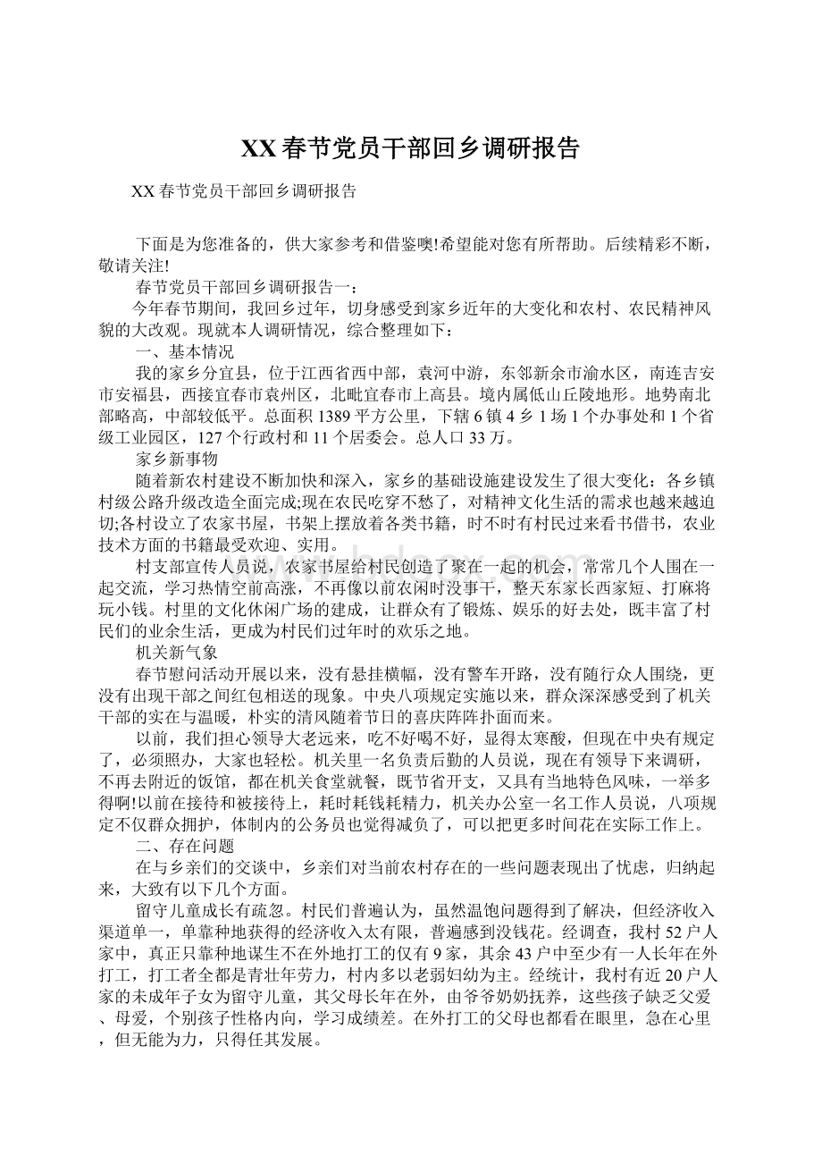 XX春节党员干部回乡调研报告文档格式.docx