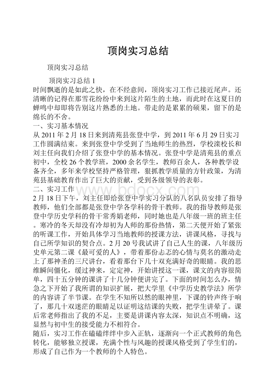 顶岗实习总结Word下载.docx