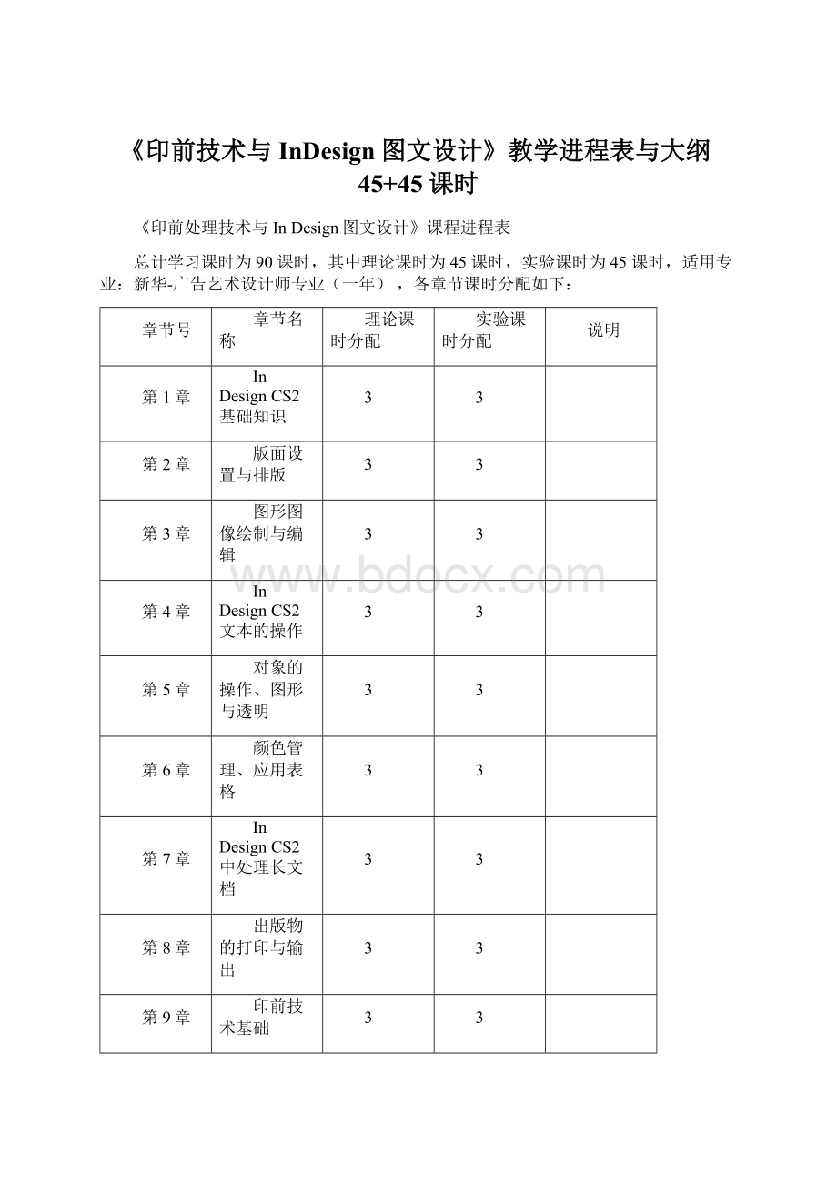 《印前技术与InDesign图文设计》教学进程表与大纲45+45课时文档格式.docx