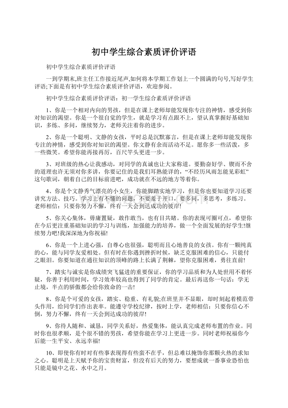 初中学生综合素质评价评语Word文档格式.docx