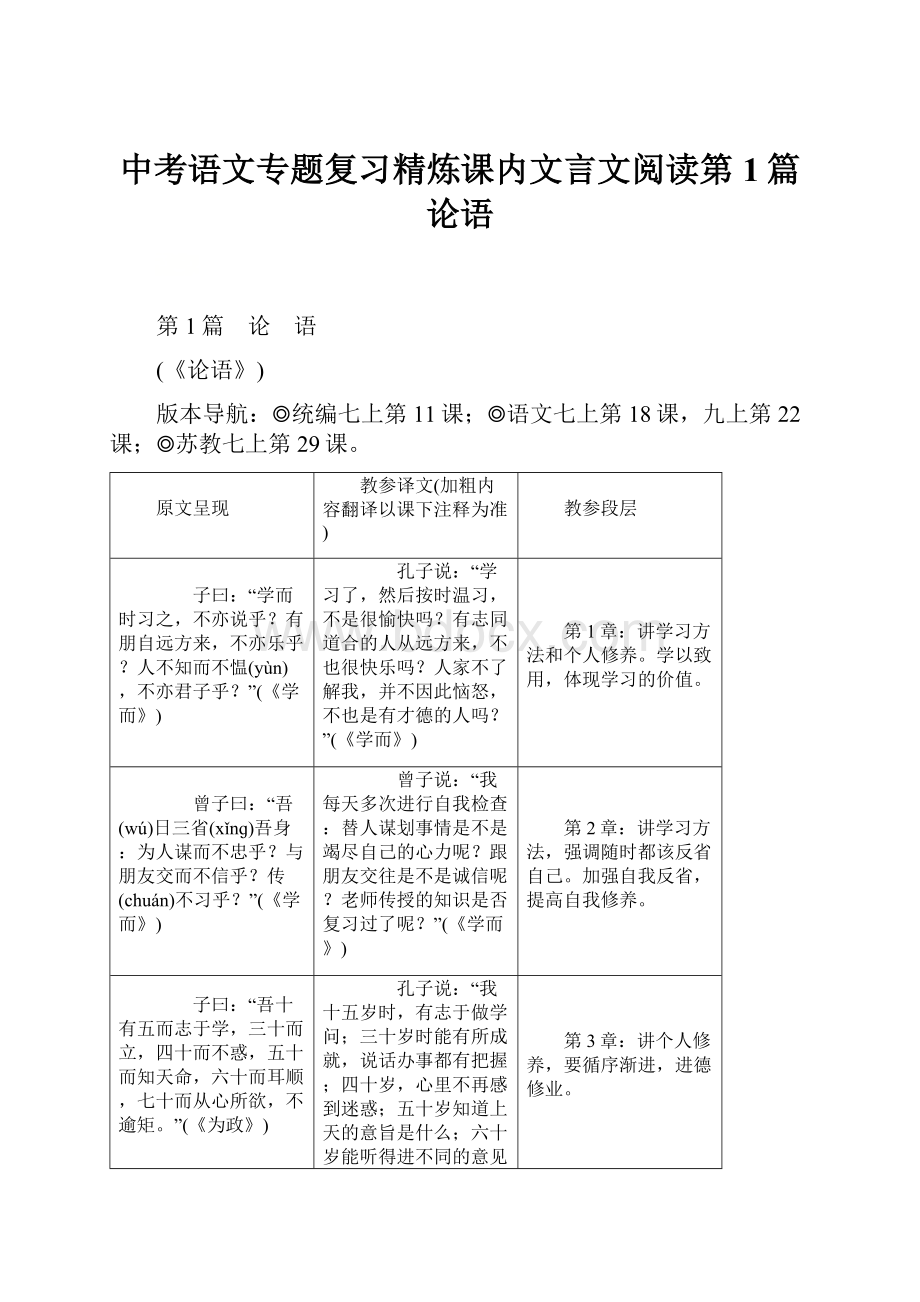 中考语文专题复习精炼课内文言文阅读第1篇论语.docx_第1页