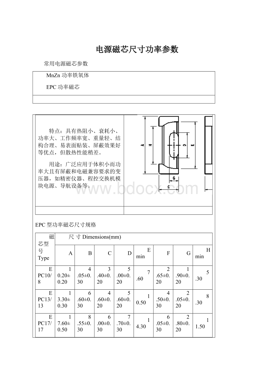 电源磁芯尺寸功率参数Word文件下载.docx_第1页