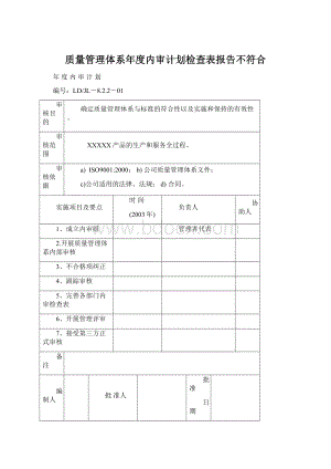 质量管理体系年度内审计划检查表报告不符合Word格式.docx