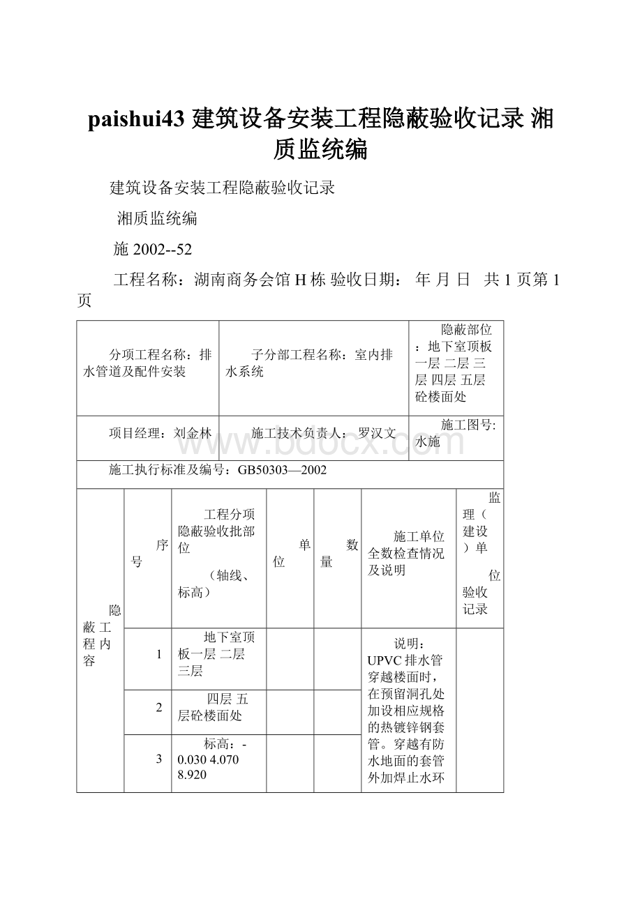 paishui43 建筑设备安装工程隐蔽验收记录 湘质监统编.docx_第1页