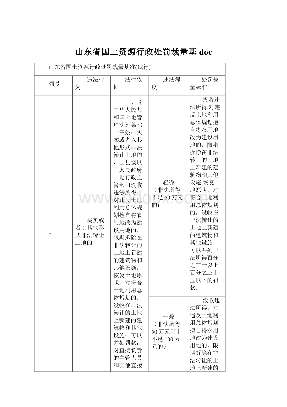 山东省国土资源行政处罚裁量基docWord文档下载推荐.docx_第1页