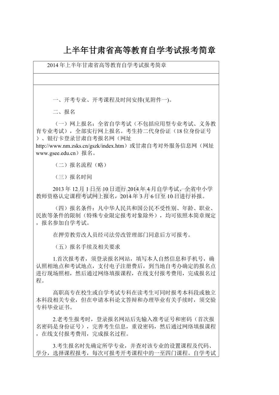 上半年甘肃省高等教育自学考试报考简章Word格式.docx_第1页